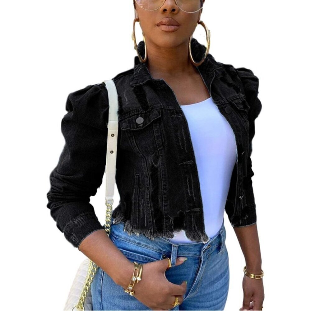 Women's Ripped Puff Sleeve Denim Crop Top Long-Sleeve Cropped Jean Jacket Black